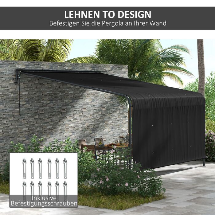 Outsunny Pergola, approx. 4 x 3 m Gazebo, Weather-Resistant Patio Cover, Wall-Mounted Garden Gazebo with Adjustable Roof, for Terrace, Balcony, Steel, Dark Grey | Aosom
