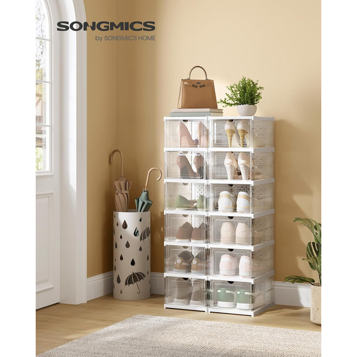 SONGMICS Shoe Cabinet Set, with 18 Shoe Boxes, Integrated Shoe Organizer, Foldable, Portable, for Shoes up to Size 46, 1-Minute Assembly, Transparent + Cloud White LSP207W01 (Transparent + Cloud White, 2)