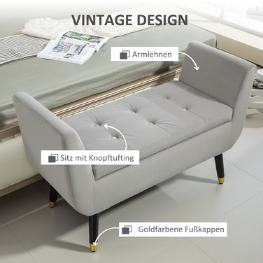 HOMCOM Luxury Bench, Upholstered Bench with Storage, Armrests, Trunk Bench, Velvet-like Polyester, Rubberwood, Light Gray, 107 x 42 x 65 cm | Aosom