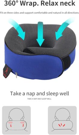 Подушка для шиї у літак, Memory Foam, доросла, регульована, компактна, ергономічна, сіра (блакитна)