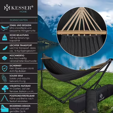 KESSER® Hammock Vill with Metal Stand, Foldable and Adjustable, Stable Frame, Indoor & Outdoor Use, Includes Carry Bag + Bag, Hanging Chair, Hammock Stand, Camping, Garden, Pool, Balcony, Terrace, Anthracite