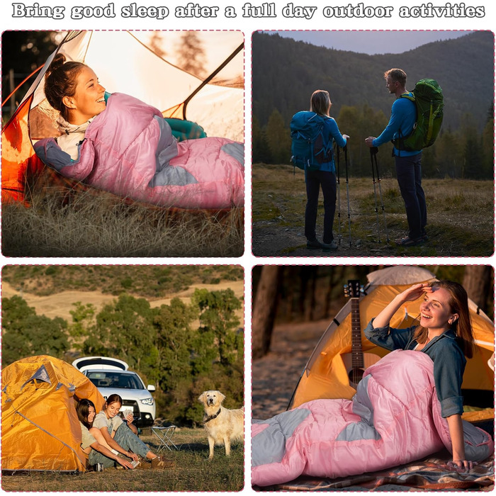 Zusentee 3-4 Season Sleeping Bag - Waterproof, Lightweight & Warm for Adults & Kids Camping, Hiking & Travel (Pink/Gray)