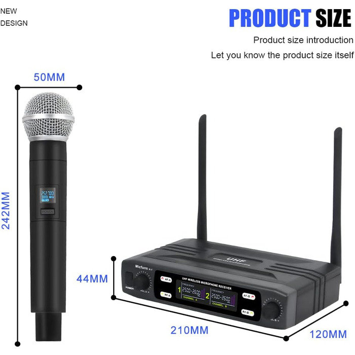 Мікрофонний комплект Micfuns K7 Professional: бездротові ручні мікрофони VHF 230-250 МГц для караоке, вечірок та мовлення. Дальність дії: 100 м