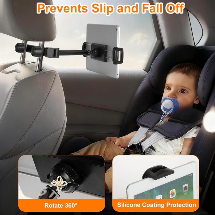 Тримач для планшета VINATO в авто, кріплення на підголівник, 360° обертання, для пристроїв 4-13 дюймів, чорний