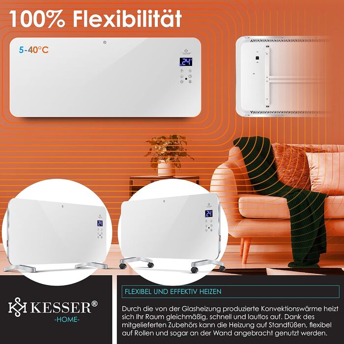 KESSER® Electric Glass Heater Glass Convector Electric Heater Heating Radiator ✓ Touchscreen ✓ APP WiFi Function Incl. Remote Control ✓ LCD Display ✓ Timer | Stand-alone or Wall-mounted Unit | 2000 Watts | White