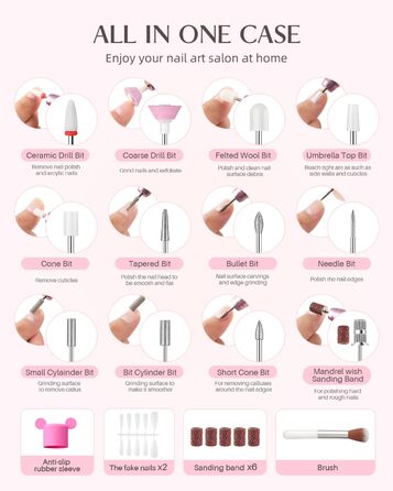 Електрична фрезерна машинка JOREST 13-в-1 бездротова, 35 000 об/хв, 6 режимів - набір для манікюру для гелевих та акрилових нігтів, догляд за нігтями для початківців, рожевий колір