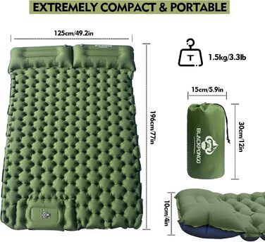 Ultralight Camping Sleeping Pad with Built-in Pillow & Foot Pump - Inflatable Air Mattress for Camping, Backpacking, Hiking, Travel & Tent Use (Gray, Double Size)