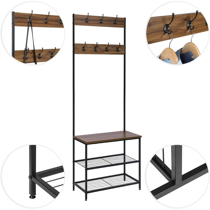 WOLTU Coat Rack Clothes Rack Laundry Rack Shoe Shelf with Seat, with 7 Hooks, Wood and Steel, Hanging Shelf, Black Vintage