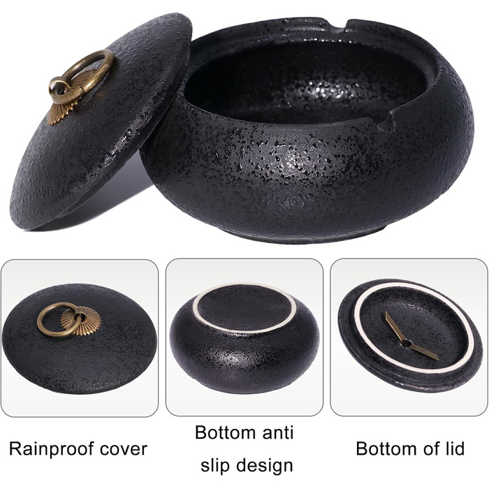 Керамічна попільничка для сигарет та цигарок з кришкою, ретро стиль, чорний колір, 10.8x6.5 см. Підходить для дому, офісу та вулиці
