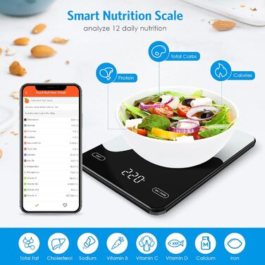 Brifit Kitchen Scale with App - 10kg/1g Digital Food Scale with Calorie Counter, LED Display, Tare Function, USB Rechargeable