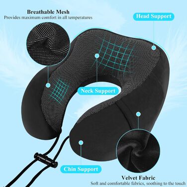 Подушка для шиї у вигляді їжачка Memory Foam для подорожей на літаку, авто, в офіс. З навушниками, маскою для сну та сумкою. Чорна.