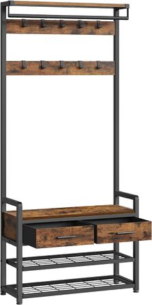 VASAGLE Coat Rack with Shoe Bench, Coat Rack, Shoe Storage, 2 Fabric Drawers, 10 Hooks, 6 Side Hooks, 30 x 80.4 x 181.6 cm, Vintage Brown-Ink Black HSR429B01