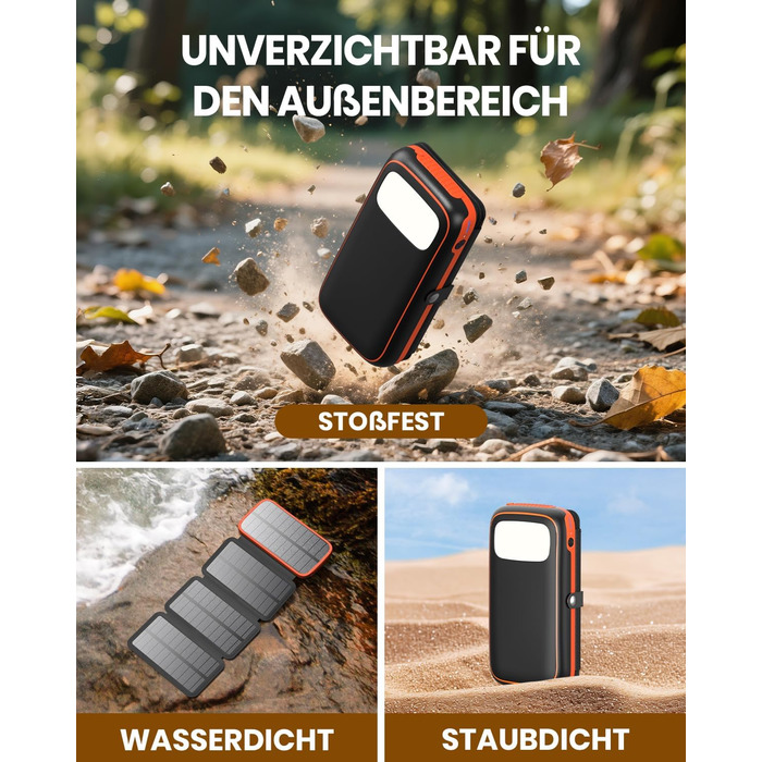 FEELLE Power Bank 27000mAh з сонячною панеллю, USB C PD QC 3.0, 3 USB виходи, ліхтарик, для смартфонів та планшетів