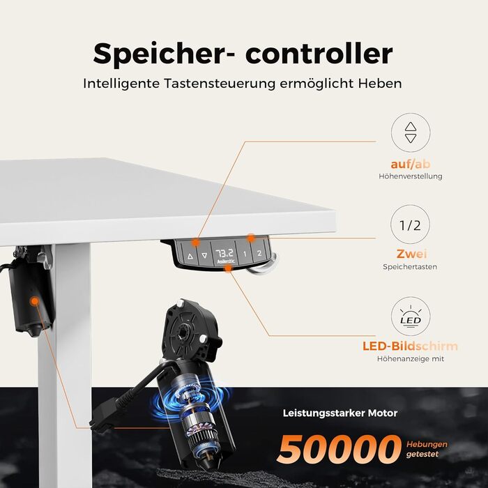 Електричний стіл Agilestic з регулюванням висоти 180x80 см, білий. Зручний комп'ютерний стіл з пам'яттю, ергономічний, стабільний