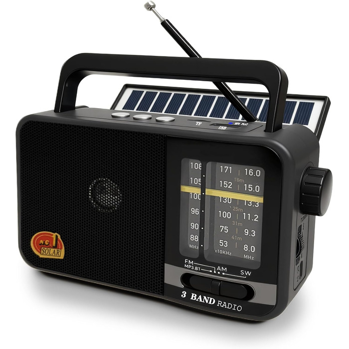 Портативна радіоприймач Klein з сонячною панеллю та акумулятором 1200mAh, AM/FM/SW, 8W динамік, TWS/USB/TF, для кемпінгу, надзвичайних ситуацій та відпочинку на природі (сірий)