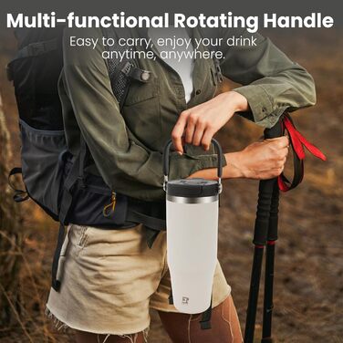 Термокружка-термос Riley Joy 1л з нержавіючої сталі з трубочкою та ручкою - для напоїв на винос, миється в посудомийній машині, не протікає, білий