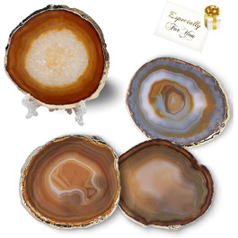 Yougoals Coasters, Geode Coasters for Drinks, Gemstone, Natural Stone, Agate Slices, Coasters, Cup Mat for Home Decoration (4 Pieces) (Natural Coffee, 4 Pieces)
