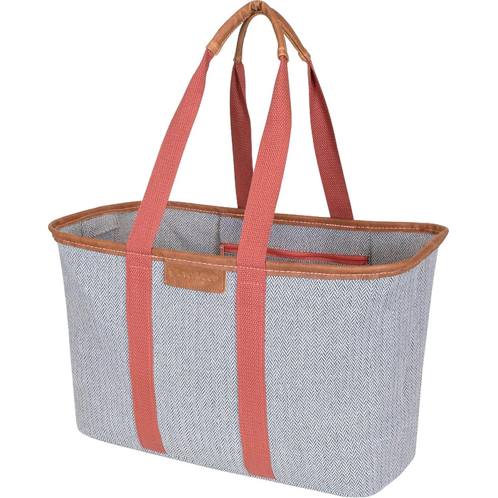 CleverMade Foldable Luxury Tote Bag, Pink Herringbone Pattern, 30L, Structured Tote with Handles and Reinforced Bottom, Reusable Shopping Bag, Grocery Bag