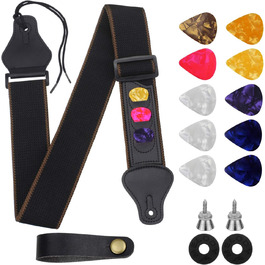 Гітарний ремінь Dreamtop: регульований ремінь для акустичної та електрогітари, басу з шкіряними кінцями, фіксаторами та набором медіаторів (16 шт.)