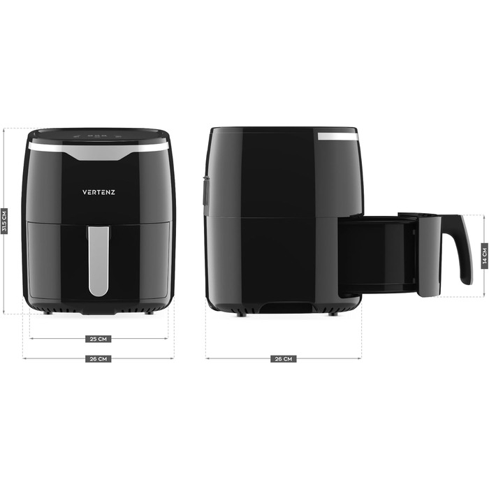 Аерофритюрниця VERTENZ Taste 50, 5 л, 1400 Вт, 8 програм, LED-екран, антипригарний кошик, без масла, чорна