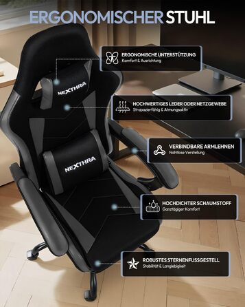 Геймерське крісло Nexthra Ergonomisch з підставкою для ніг, до 180 кг, чорне. Регульована спинка 150°, для геймінгу та офісу