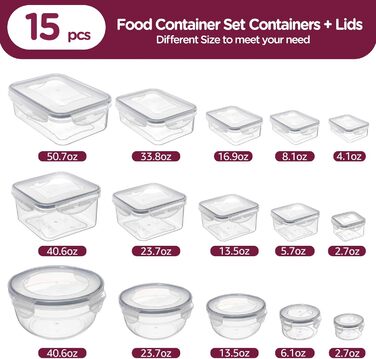 Набір контейнерів для зберігання їжі Jim's Store (30 шт.) з кришками, 15 контейнерів + 15 кришок. Високоякісні, герметичні контейнери для кухні, мікрохвильової печі та морозильної камери.