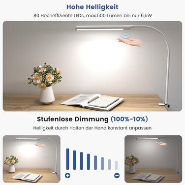 LED настільна лампа SIBI LIGHTING з жестами, 7W, 38 см, регульована яскравість, для роботи, навчання, ігор, білий