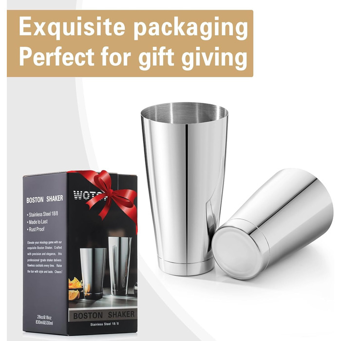 Шейкер для коктейлів WOTOR Boston 18oz/28oz (нержавіюча сталь), з ситечком та подвійним мірним стаканом - професійний барний інвентар