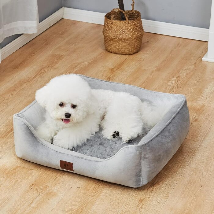 Dog Bed for Small and Medium Dogs 65x55x18cm, Washable Dog Cushions, Removable Cover, Dog Sofa Dog Basket with Raised Edges, Fluffy Cat Bed Dog Bed with Nubs, Dark Grey (55x45x16cm, Light Grey - Removable)