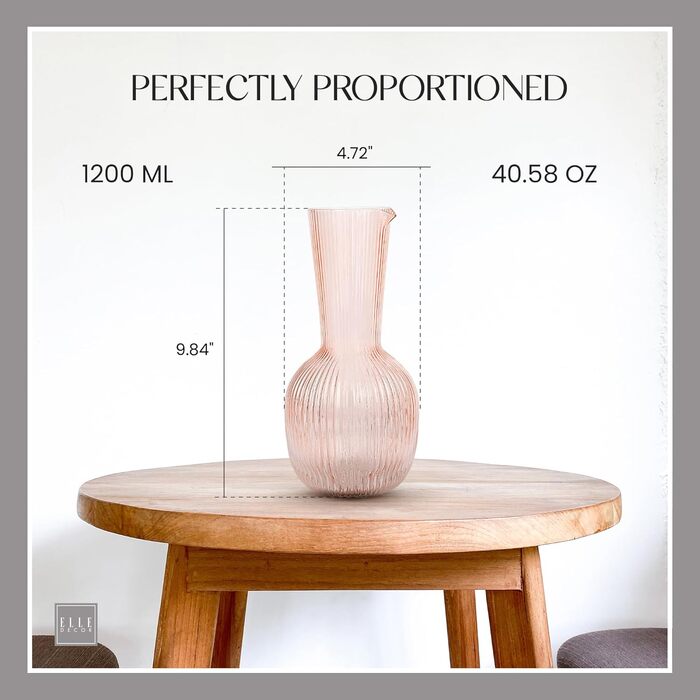 Elle Decor Ribbed Glass Carafe | Water Pitcher for Iced Tea, Wine Decanter, Mixed Drinks, and Beverages | Glass Carafe for Mimosa Bar | 1.1L Sangria Pitchers for Parties | 12 cm D x 24 cm H (Pink)