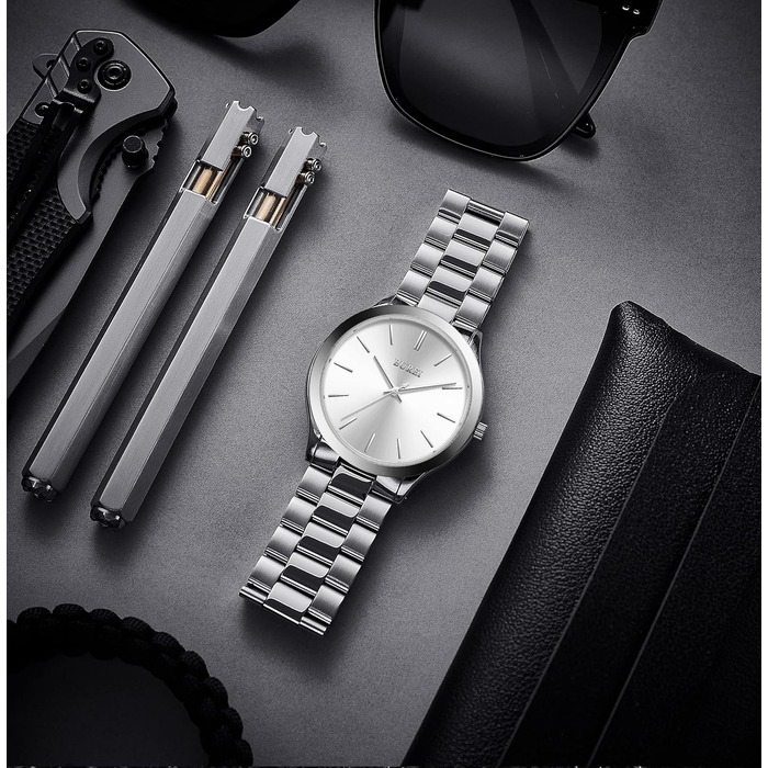Годинник чоловічий BUREI Minimalist Quartz 44mm з нержавіючої сталі (срібний)