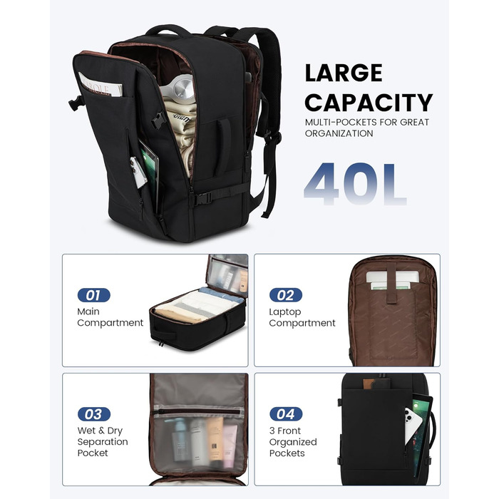 LOVEVOOK Рюкзак для ручної поклажі, 40L, валіза-рюкзак, для подорожей, з відділенням для ноутбука 17.3 дюймів, чоловічий/жіночий, темно-зелений