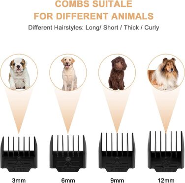 Безшумна машинка для стрижки собак та котів з 2 швидкостями, акумуляторна, бездротова, з 11 насадками (чорний/золотий)