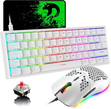 Ігрова комбінація клавіатури та миші MAGIC-REFINER: механічна клавіатура 62 клавіші, миша 12000 DPI, RGB-підсвічування, USB-C, для PC/Mac/Win, білий (червоний перемикач)