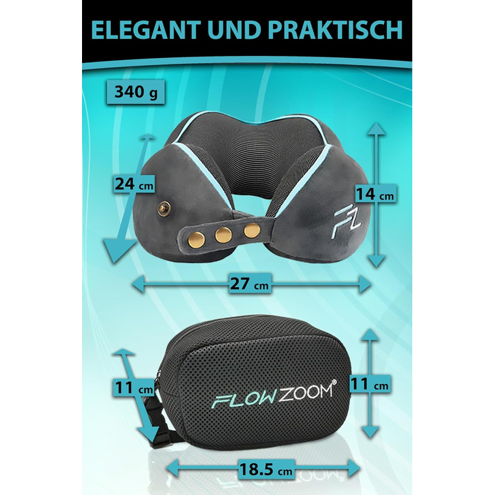 Подушка для шиї FlowZoom Comfy: регульована, з memory foam, для подорожей (літак, авто)