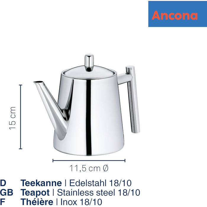 Kela Teapot with infuser, stainless steel teapot ANCONA, teapot for loose leaf tea and tea bags, tea maker, silver (0.9 L)