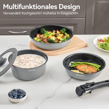 Набір посуду 9-ти частинний з знімним ручками, антипригарне покриття, керамічна сковорода, набір каструль з кришками, для всіх типів плит, безпечний у духовці (сірий)