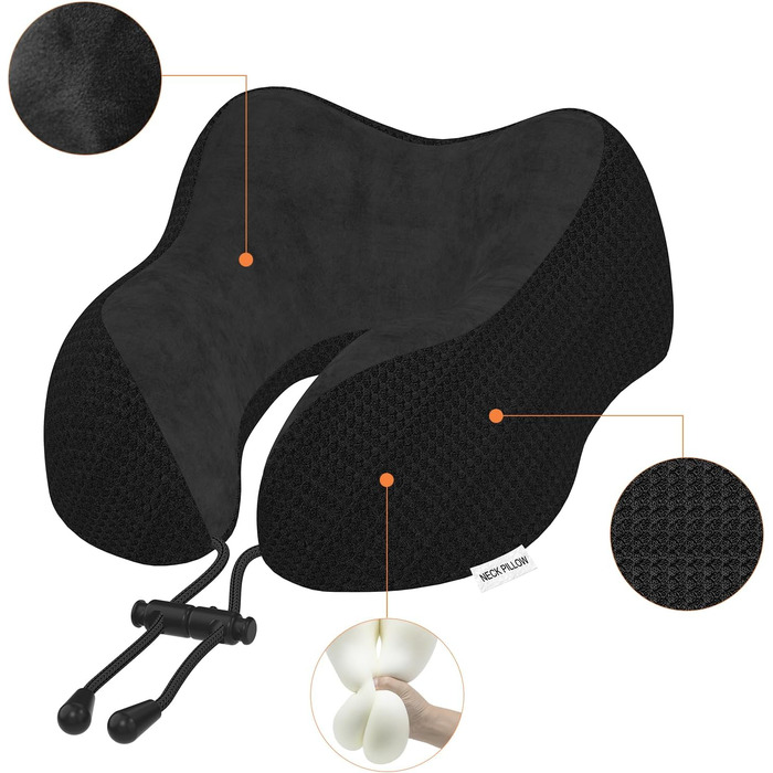 Подушка для шиї в подорожах: м'яка, з memory foam, для авто, літака, офісу та дому (чорна)