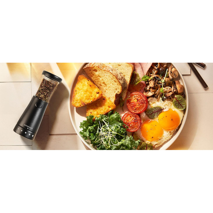 Salt and pepper grinder, electric spice grinder made of stainless steel, one-handed operation, LED light, and adjustable coarseness, Black