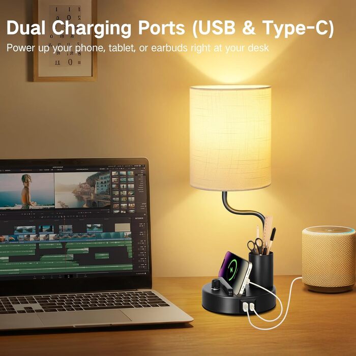 LED настільна лампа OUTON 2 шт. з USB-A та USB-C, сенсорне регулювання, тепле світло 2700K, підставка для телефону та ручок, сучасна керамічна лампа для спальні, вітальні, офісу (чорний)