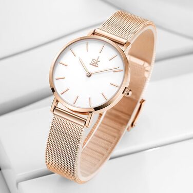 SK Ультратонкий мініатюрний жіночий годинник з двома стрілками. Елегантний годинник для жінок з шкіряним ремінцем (рожеве мереживо)