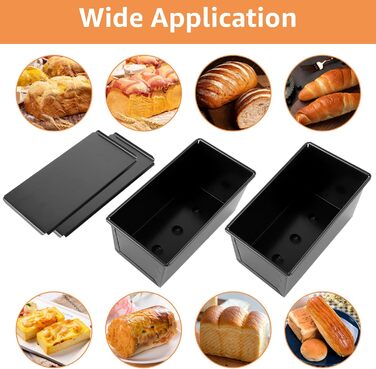 VIDETOL 2 Pack Loaf Pans with Lid, 450g Toast Bread Mold Non-Stick, Black Bread Box for Toast and Bread