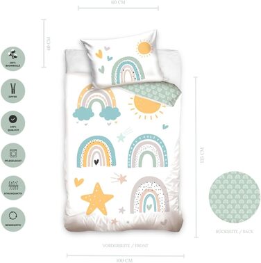 Комплект постільної білизни для дитячого ліжечка 100x135 см з 100% бавовни - для дітей та малюків, веселий стиль райдуга, сонце, бохо, для дівчаток та хлопчиків, включає 40x60 + 100x135 см