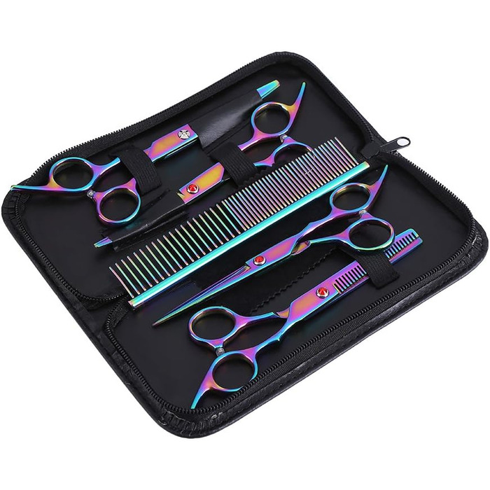 Набір ножиць для догляду за собаками (6 шт.), з нержавіючої сталі, веселковий дизайн, для собак та котів