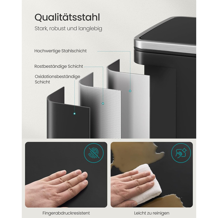 Відро для сміття SONGMICS 50 л, нержавіюча сталь, знімний внутрішній відро, Softclose, LTB595E01 (чорний)