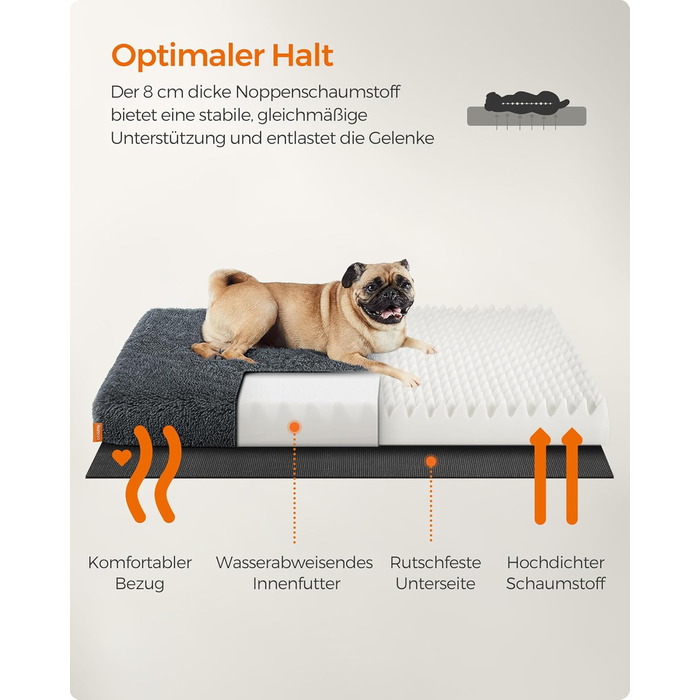 Feandrea Dog Bed, Orthopedic Dog Cushion, Padded with Bubble Foam, Removable and Washable Cover, Size M, for Small and Medium Dogs, 80 x 50 x 8 cm, Dark Grey PGW211G02