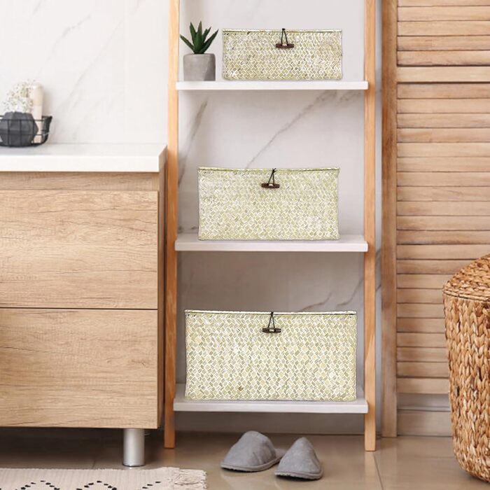 Плетений кошик для зберігання з кришкою з морської трави 36x24x18 см, прямокутний органайзер для ванної, декору та полиці, колір білений