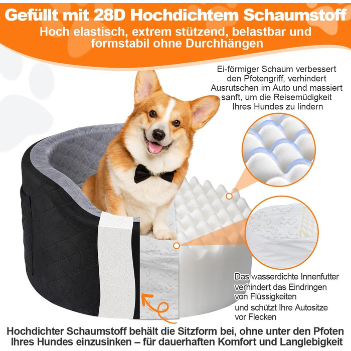 Автокрісло для собак - чорне автокрісло-бустер для маленьких собак з піною Memory Foam 28D, неслизька водонепроникна підкладка, переноска для подорожей з кишенями та ковдрою, чорний