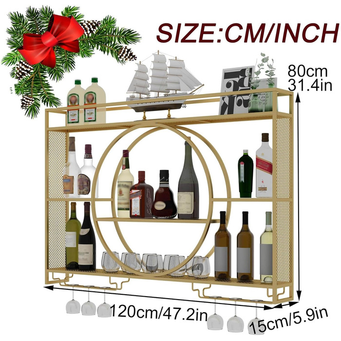 Настінна вітрина для вина, сучасна кругла підставка для зберігання, велика місткість, декоративна, для кухні, вітальні, бару (золота, 119.8 * 15 * 79.7 см)