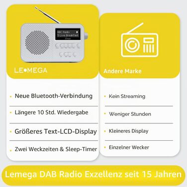 Портативне цифрове радіо LEMEGA PR2-Max DAB+/FM, Bluetooth 5.3, живлення від батарейок AA, сіре